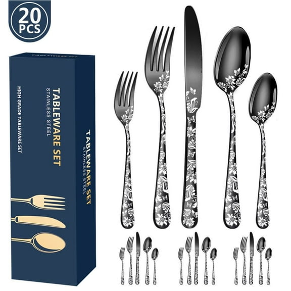 Black Flower Silverware Set 20 Pieces Stainless Steel Flatware Set, Kitchen Utensil Set Service for 5, Tableware Cutlery Set for Home & Restaurant, Dishwasher Safe