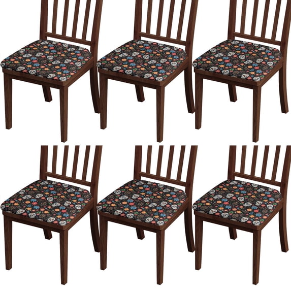 Black Flower Skull Pattern Seat Covers for Dining Room Chairs Set Of 4,Stretch Printed Washable Chair Seat Cover with Elastic Ties and Button,Removable Waterproof Couch Cushion Covers