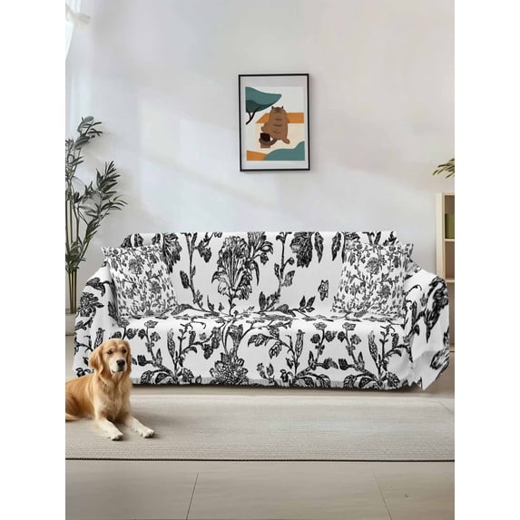 Black Flower Sofa Covers for 2-3 Cushion Couch L-Shaped Sectional, Vintage Farmhouse Boho Leaf Spring Plant Washable Sofa Covers Slipcover for Living Room Furniture, Couch Cover Blanket 71"x134"