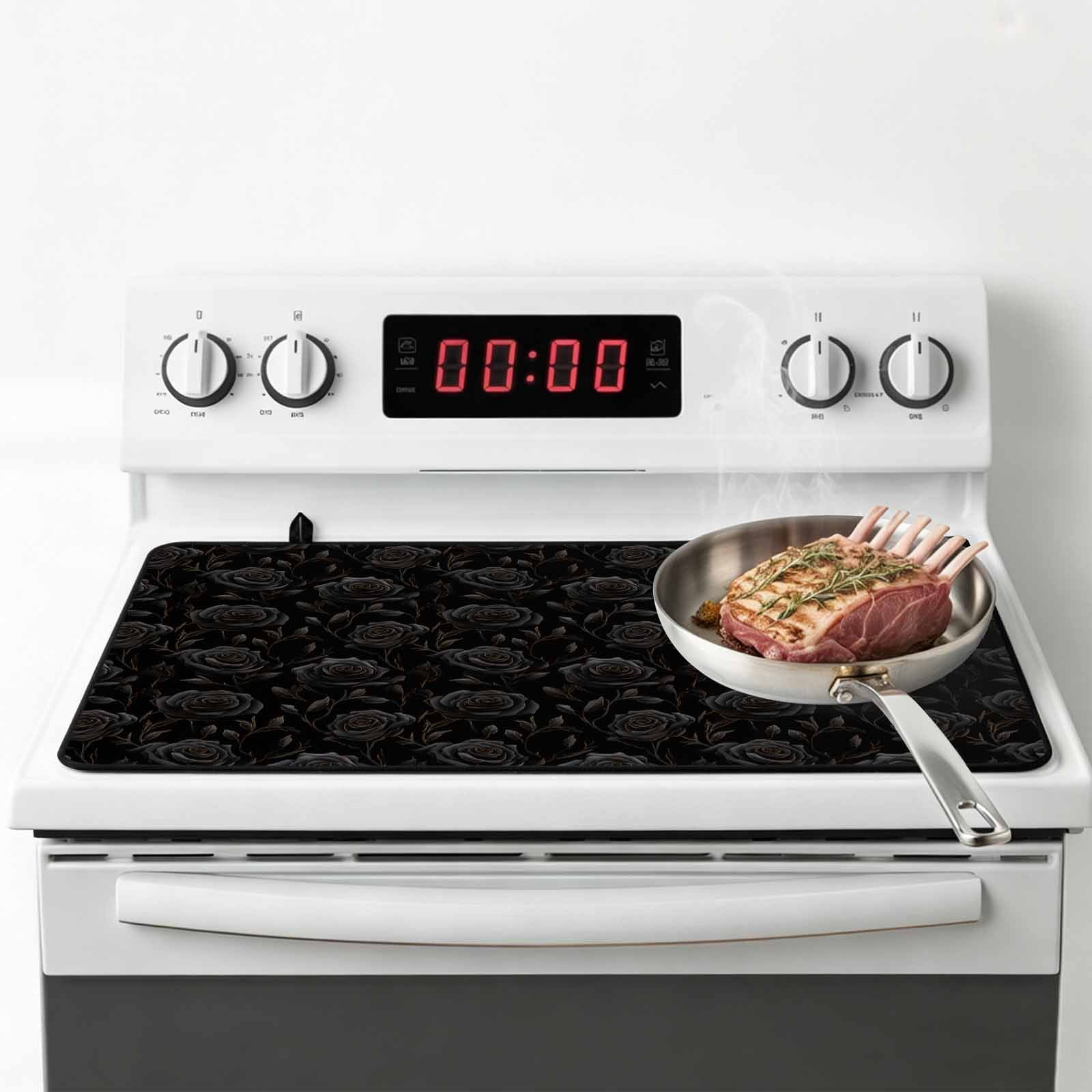 Black Flower, Stove Top Cover for Electric Stove, Heat-proof & Non Slip Glass Top Stove Cover Protector, Abstract Vintage Botanical Floral Plant Kitchen Flat Cooktop Rubber Mat 24x21 Inches