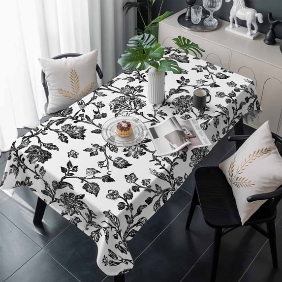 Black Flower Table Cloth Waterproof Tablecloths, Vintage Farmhouse Boho Leaf Spring Plant Tablecloth Dining Table Cover for Kitchen Party Tabletop Outdoor, Rectangle Tablecloth 54x108 Inch
