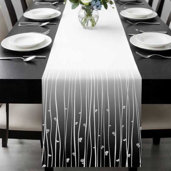Black Flower Table Runner 36 Inches Long, Geometric Stripes Gradient Simple Branch Kitchen Coffee Dining Table Decoration for Home Party Birthday Wedding Home Decor 13x36 Inches