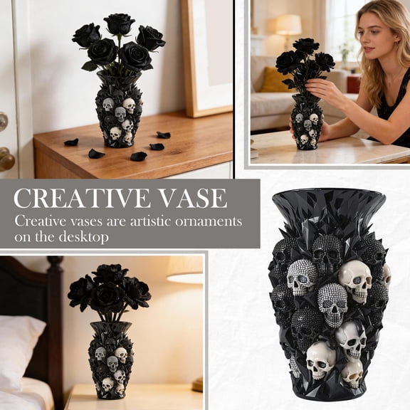 Black Flower Vase, Bold Skull-Embedded decorative Vase, Featuring Matte and Glossy Textured Accents, for Living Room decorations, Skull decor for Home, Black Home decor and Moody