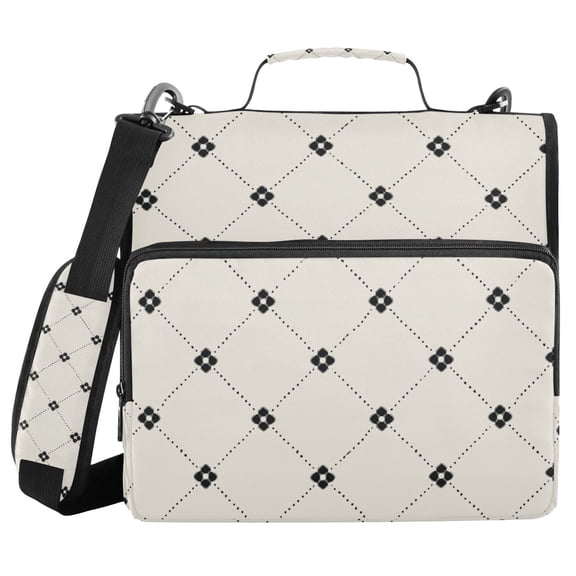 Black Flower with Cross Lines Binder Bag with Shoulder Strap 3 Ring Zipper Binder File Folder Document Storage