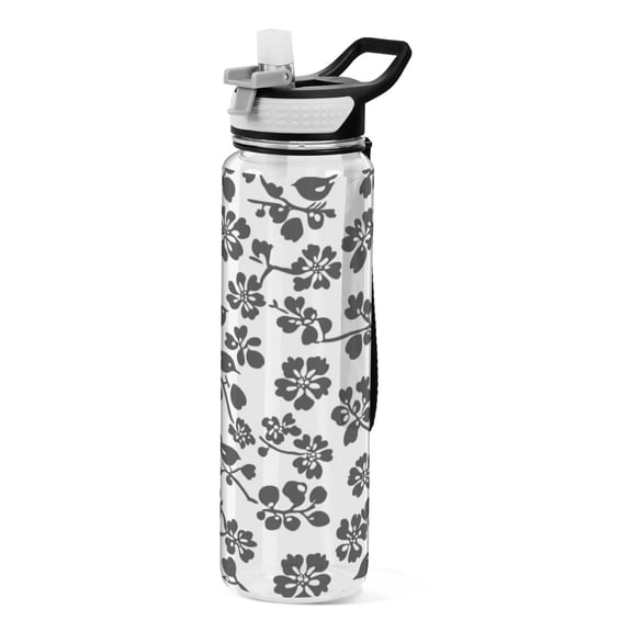 Black Flowers 1000ml Tritan Sport Bottle Straw LeakProof Food-Grade Portable Wide Handle