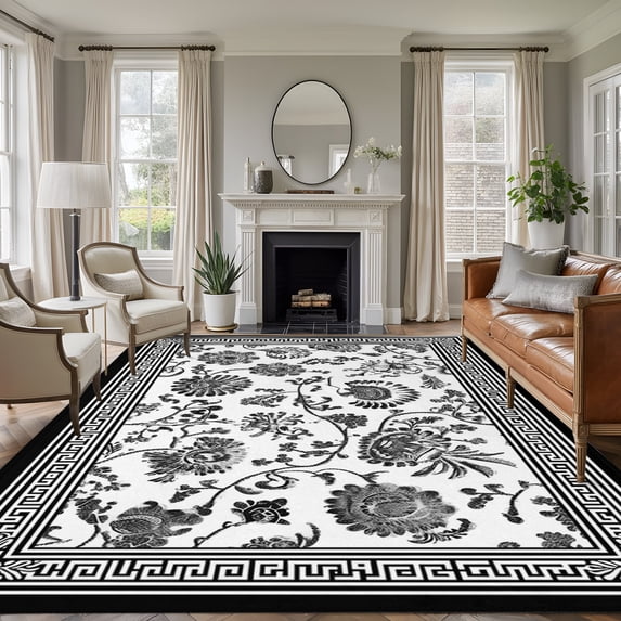 Black Flowers 8'x10' Area Rug for Living Room Sectional Sofa, Floral ...