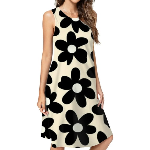 Black Flowers Beige Background Pattern Dress Elegant Party Dresses Evening Dresses Women Dress Sleeveless Dress Ladies Dresses