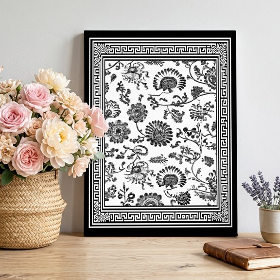 Black Flowers Canvas Wall Art, Floral Geometric Classic Traditional Border Framed Canvas Wall Decor Picture Print Artwork Decorations for Living Room Office Ready to Hang 28" x 22"