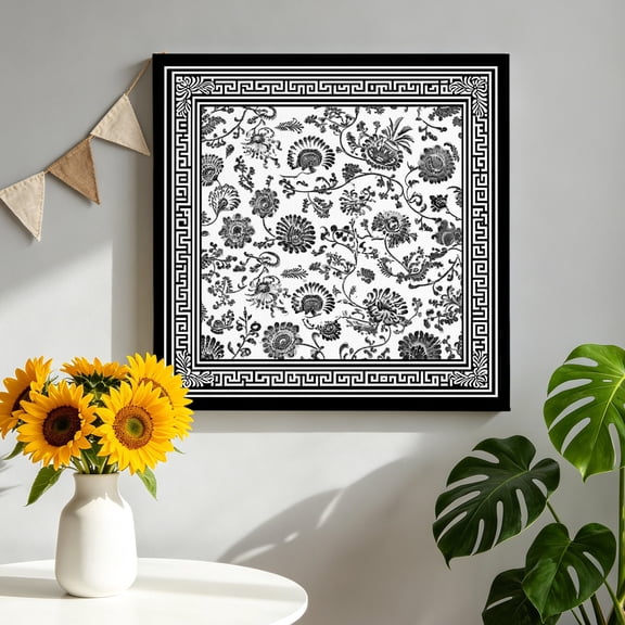 Black Flowers Canvas Wall Art, Floral Geometric Classic Traditional Border Framed Canvas Wall Decor Picture Print Artwork Decorations for Living Room Office Ready to Hang 8" x 8"