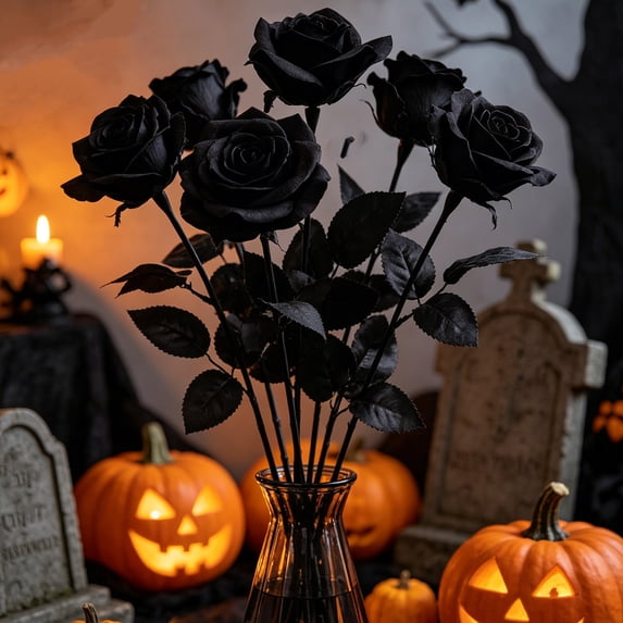 Black Flowers,Halloween Party Decorations,5PCS Gothic Black Artificial Roses with Stems Realistic Halloween Party Decor Faux Flowers for Home Wedding DIY Floral Arrangements(Black 14IN)