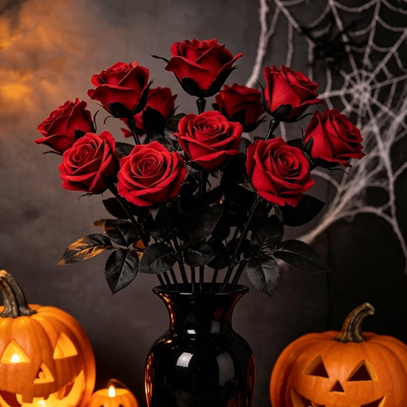 Black Flowers,Halloween Party Decorations,5PCS Gothic Black Artificial Roses with Stems Realistic Halloween Party Decor Faux Flowers for Home Wedding DIY Floral Arrangements(Red 14IN)