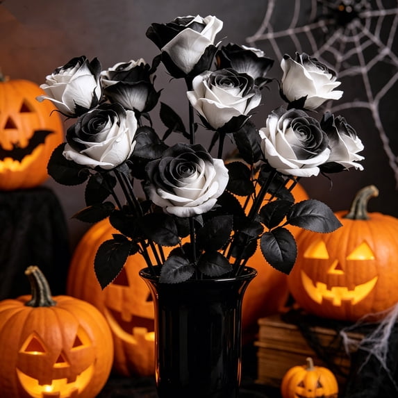Black Flowers,Halloween Party Decorations,5PCS Gothic Black Artificial Roses with Stems Realistic Halloween Party Decor Faux Flowers for Home Wedding DIY Floral Arrangements(White 14IN)