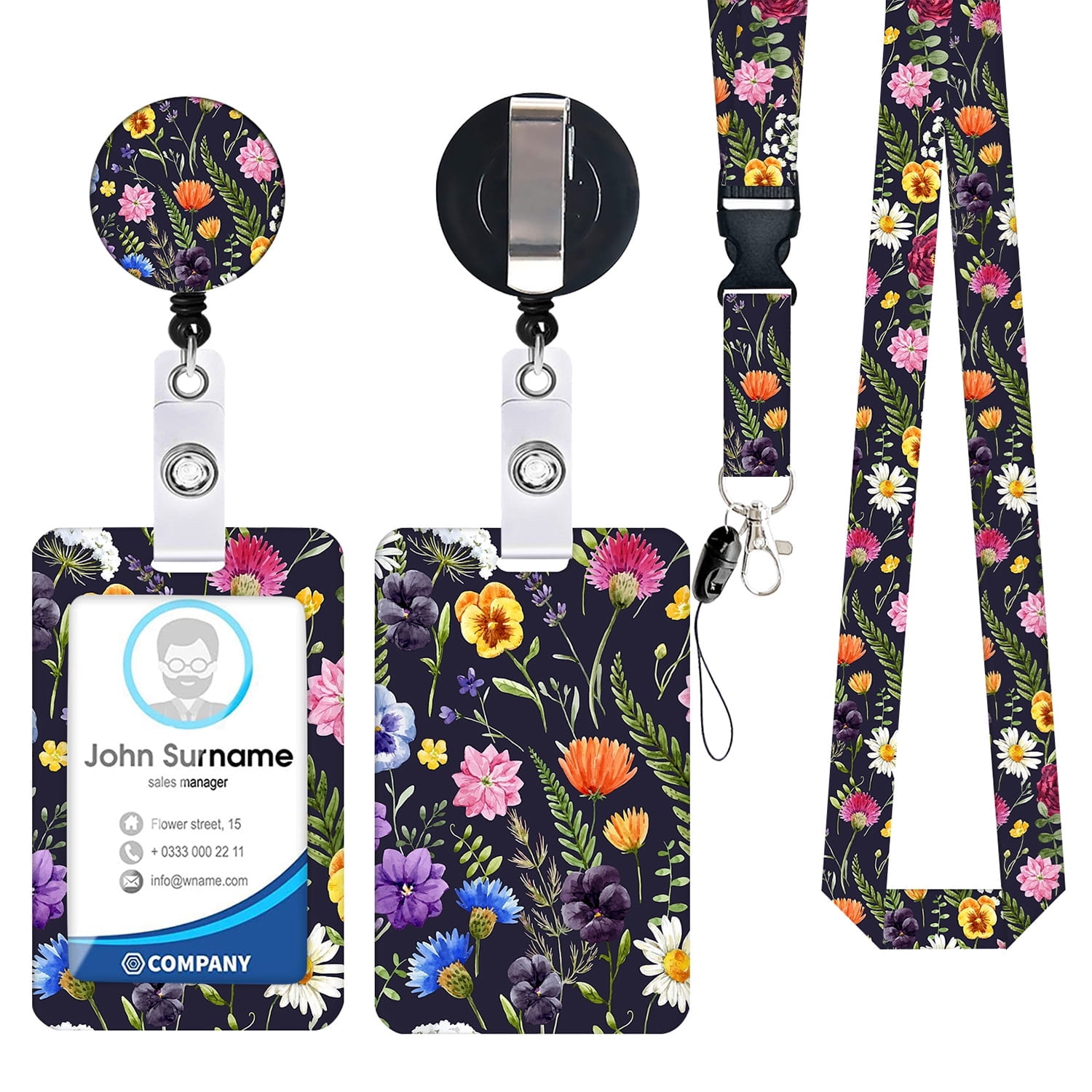 Black Flowers Heavy Duty Badge Holder with Retractable Reel,ID Card Holder Cover Case,Work Badge  with Key Ring Lanyard