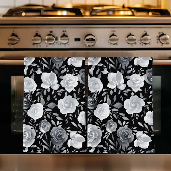 Black Flowers Kitchen Towels Set of 1, Watercolor Vintage Floral Leaves Country Absorbent Dish Towels for Kitchen, Microfiber Hand Towel, Quick Drying Tea Towel for Cleaning Decorative Dishcloths