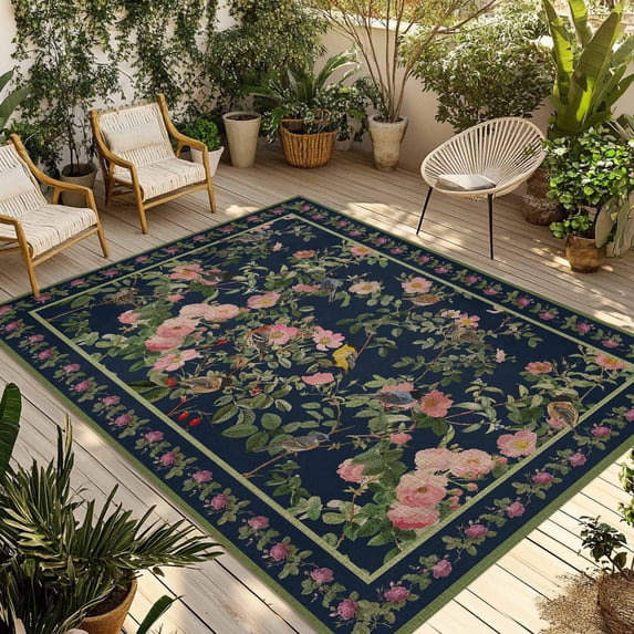 Black Flowers Outdoor Rug for Patio/Deck/Porch, Non-Slip Large Area Rug 5 x 8 Ft, Spring Floral Elegant Pastoral Vintage Indoor Outdoor Rugs Washable Area Rugs, Reversible Camping Rug Carpet Runner