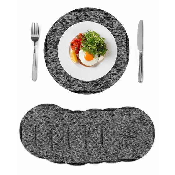 Black Flowers Round 15 Inch Placemats Set of 6, Spring Floral Farmhouse Retro Art HeatResistant Non Slip Place Mats for Dining Table, Wipeable Braided Kitchen Table Mats for Housewarming