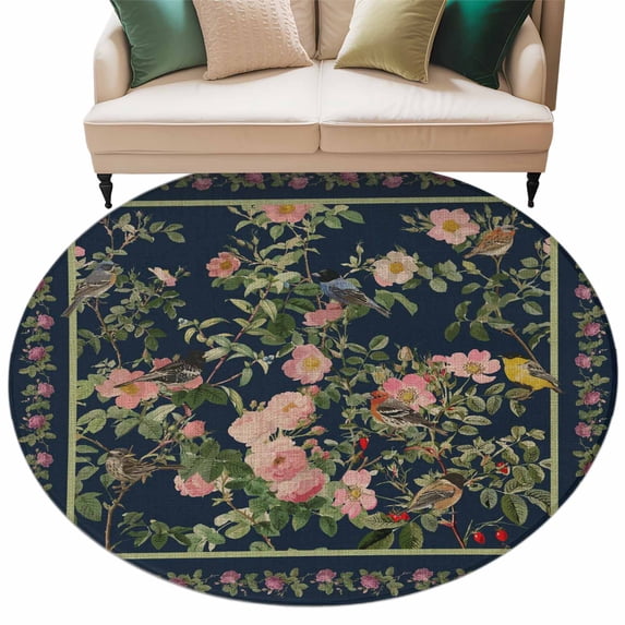 Black Flowers Round Area Rugs Collection 5', Spring Floral Elegant Pastoral Vintage Non Slip Indoor Circular Throw Runner Rug Floor Mat Carpet for Living Room Dining Table Bedroom Nursery