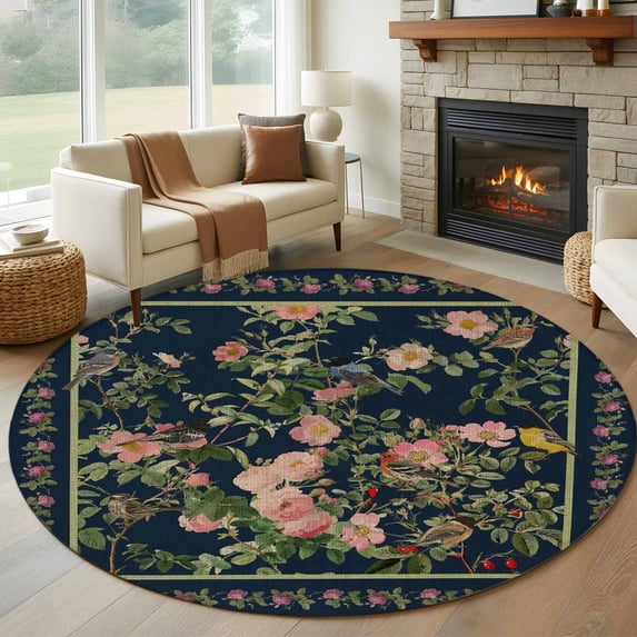 Black Flowers Round Rug 6ft Washable Circle Kitchen Rugs Non Slip Spring Floral Elegant Pastoral Vintage Large Area Rug Indoor Floor Carpet for Bedroom Living Room Home Office Dining Room Nursery