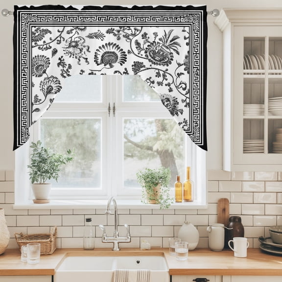 Black Flowers Swag Curtain Valance for Windows, Floral Geometric Classic Traditional Border Swag Curtains Drapes Rod Pocket for Kitchen Bathroom Small Window, 1 Panel 56x36in