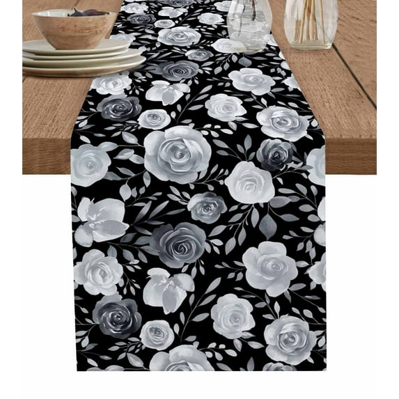 Black Flowers Table Runner Watercolor Vintage Floral Leaves Country Tablerunners 13 x 70 Inch, Table Decorations Tabletop Scarf for Summer Gathering Holiday Farmhouse Kitchen Dining Decor