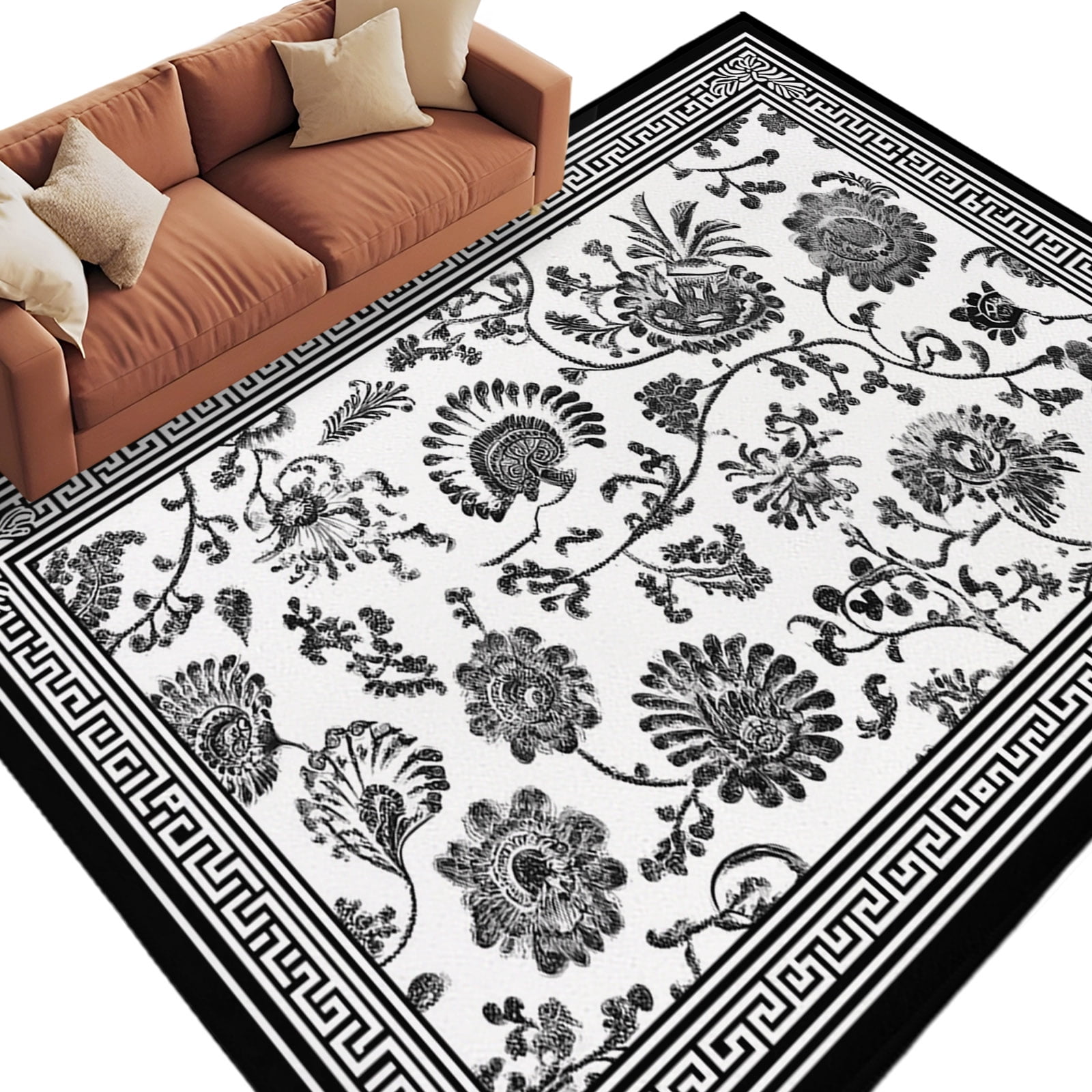 Black Flowers Washable Living Room Rugs 6'x9', Floral Geometric Classic ...
