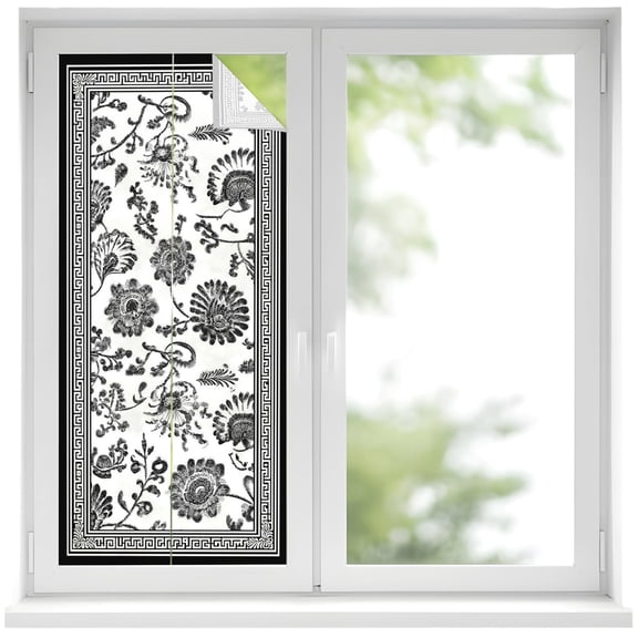 Black Flowers Window Privacy Film, Floral Geometric Classic Traditional Border Frosted Glass Window Clings Static Cling UV Heat Blocking Reusable Door Sticker for Bathroom 19.6 x 39.3 Inch