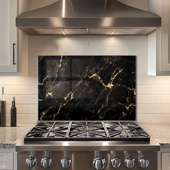 Black Flowing Gold Marble Glass Backsplash For Kitchen Behind Stove,Stove Back Top Cover,Easy to Clean Glass Splashback, Sink Cover Splash Guard,Home Kitchen Wall Decor