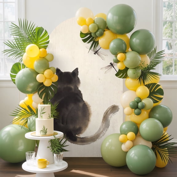 Black Fluffy Cat Arch Backdrop Cover, 4FT, Vintage Paper Ink Painting Cat Dragonfly Spandex Arch Covers Double-Sided Backdrop for Wedding Birthday Party Photo Background Decoration