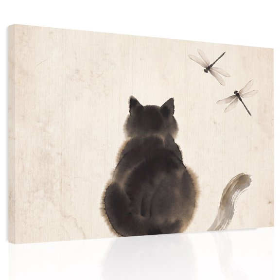 Black Fluffy Cat Canvas Print Wall Art, Vintage Paper Ink Painting Cat Dragonfly Wall Decor Modern Artwork Paintings Pictures for Living Room Framed and Stretched Ready to Hang 24" x 32"