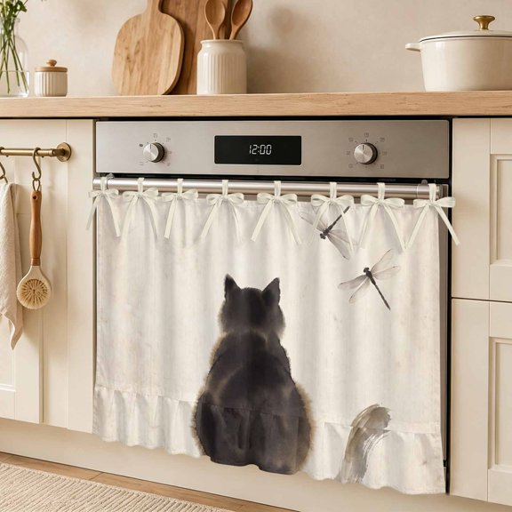 Black Fluffy Cat Oven Skirt Curtain for Door Vintage Paper Ink Painting Cat Dragonfly Stove Cover with Ruffled Trim & Ribbon Ties, Appliance Cover for Dishwasher Cabinet Kitchen Decor 32x24 Inch