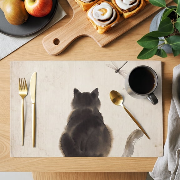 Black Fluffy Cat Placemats Set of 1, Vintage Paper Ink Painting Cat Dragonfly Non-Slip Place Mats Washable Table Mats for Kitchen Dining Table Decorations Indoor/Outdoor