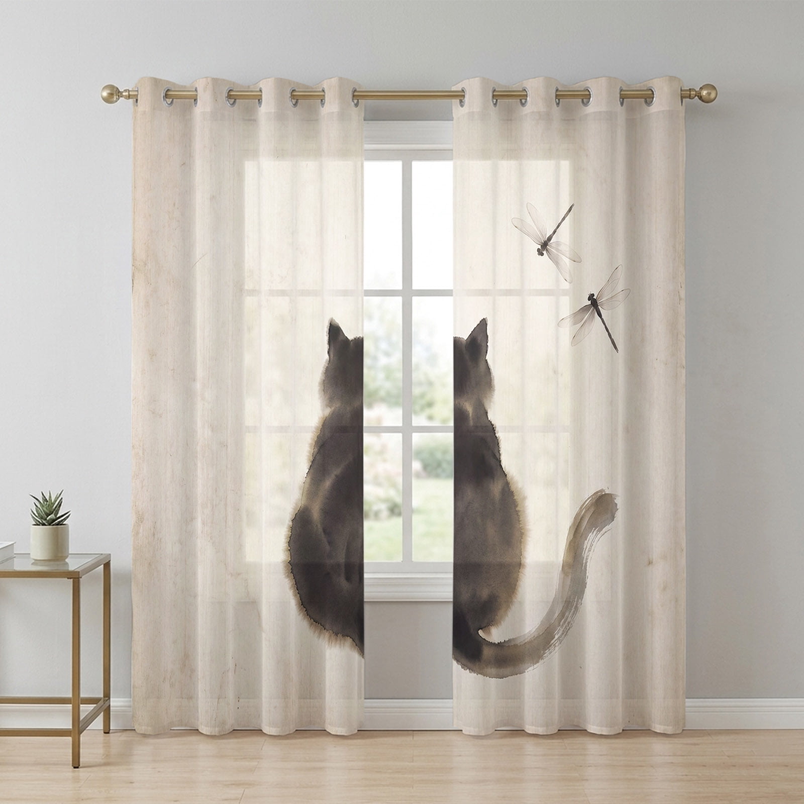 Black Fluffy Cat Sheer Curtains 84 Inch Long 2 Panels, Vintage Paper ...