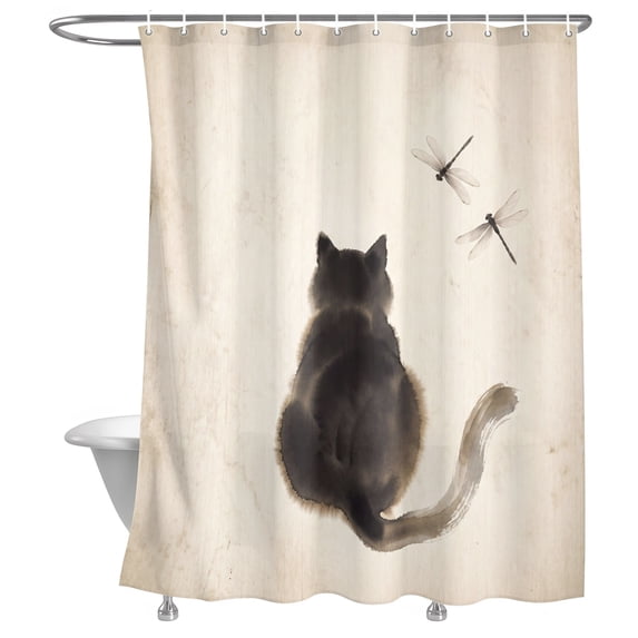 Black Fluffy Cat Shower Curtain, Vintage Paper Ink Painting Cat ...