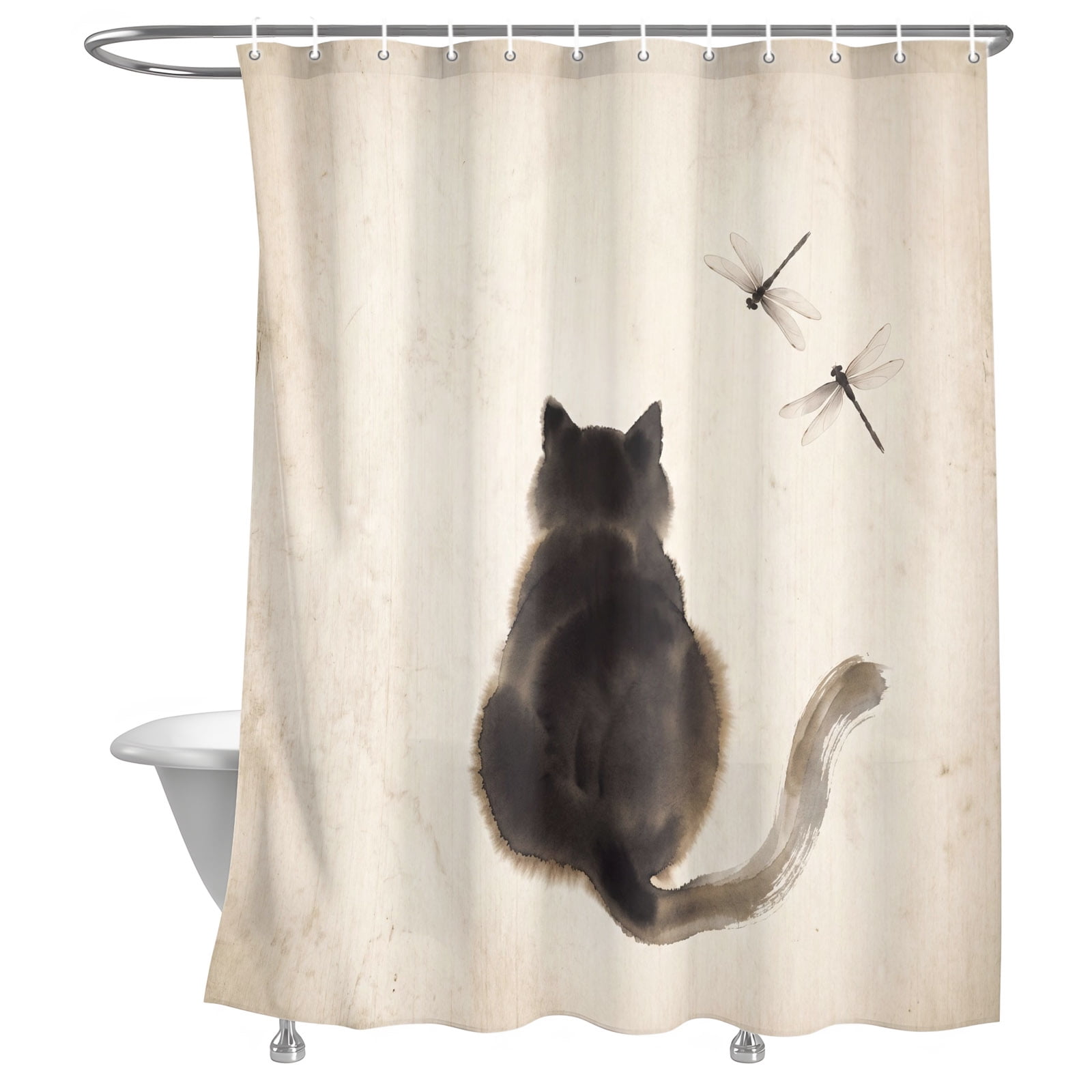 Black Fluffy Cat Shower Curtain, Vintage Paper Ink Painting Cat ...
