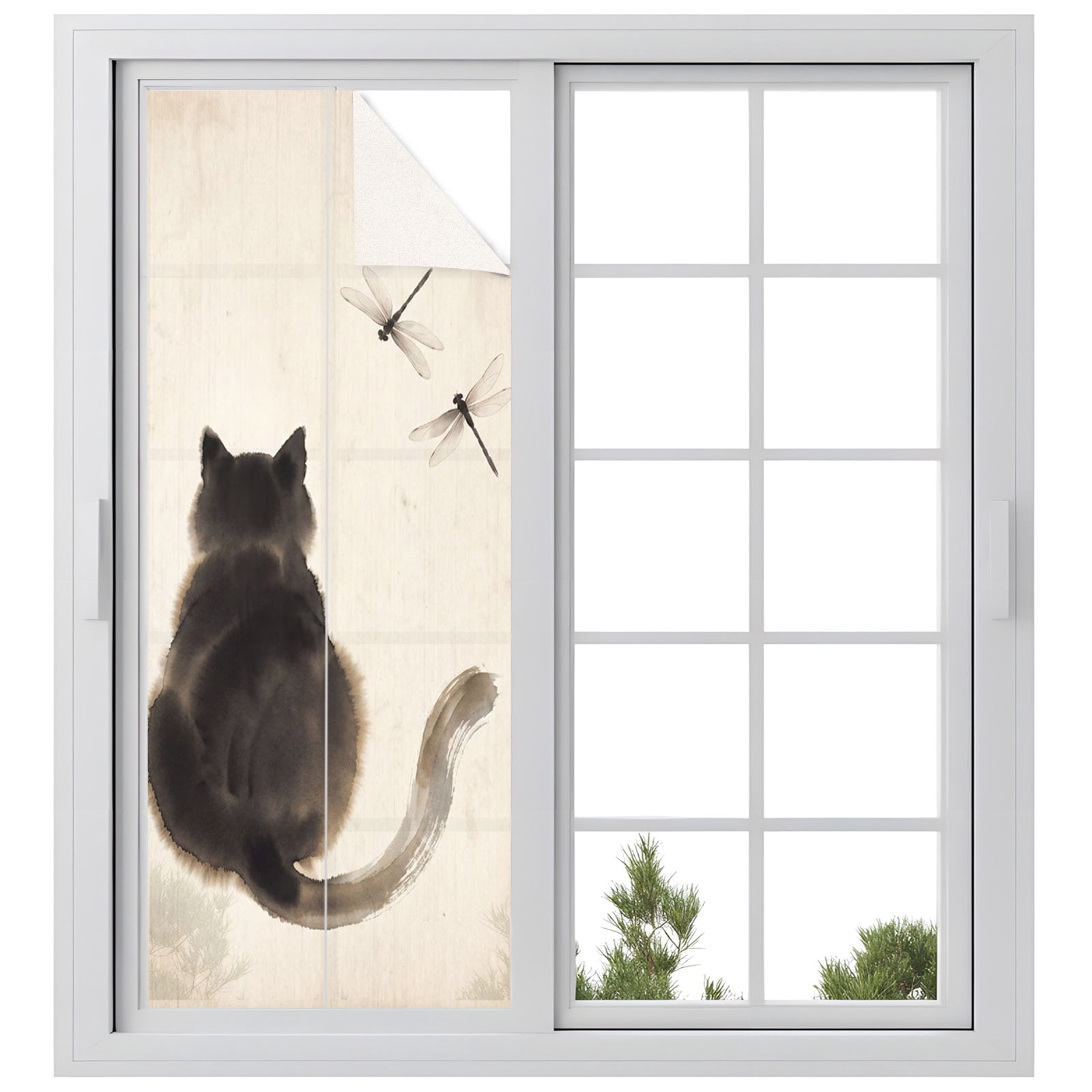 Black Fluffy Cat Window Privacy Film, Vintage Paper Ink Painting Cat ...