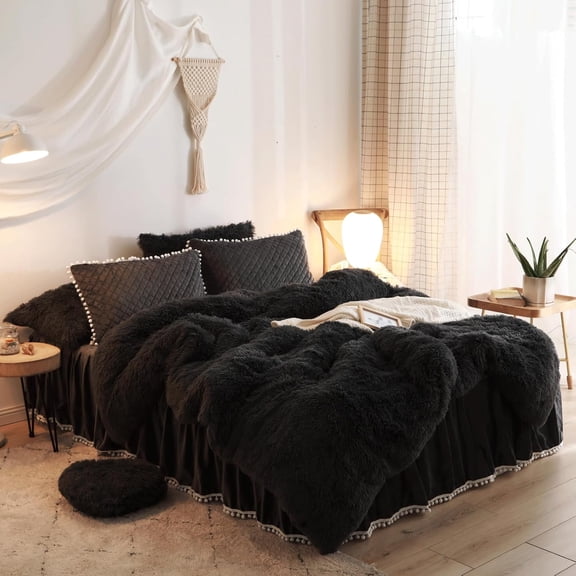 Black Fluffy Comforter Cover Twin，Soft Plush Comforter Set (1 Faux Fur Duvet Cover) Velvet Bedding 1 Pieces Sets,Zipper Closure (Black, Twin)