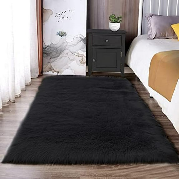 Black Fluffy Small Fur 3x4 Area Rug for Bedroom Bedside Washable Rugs ...