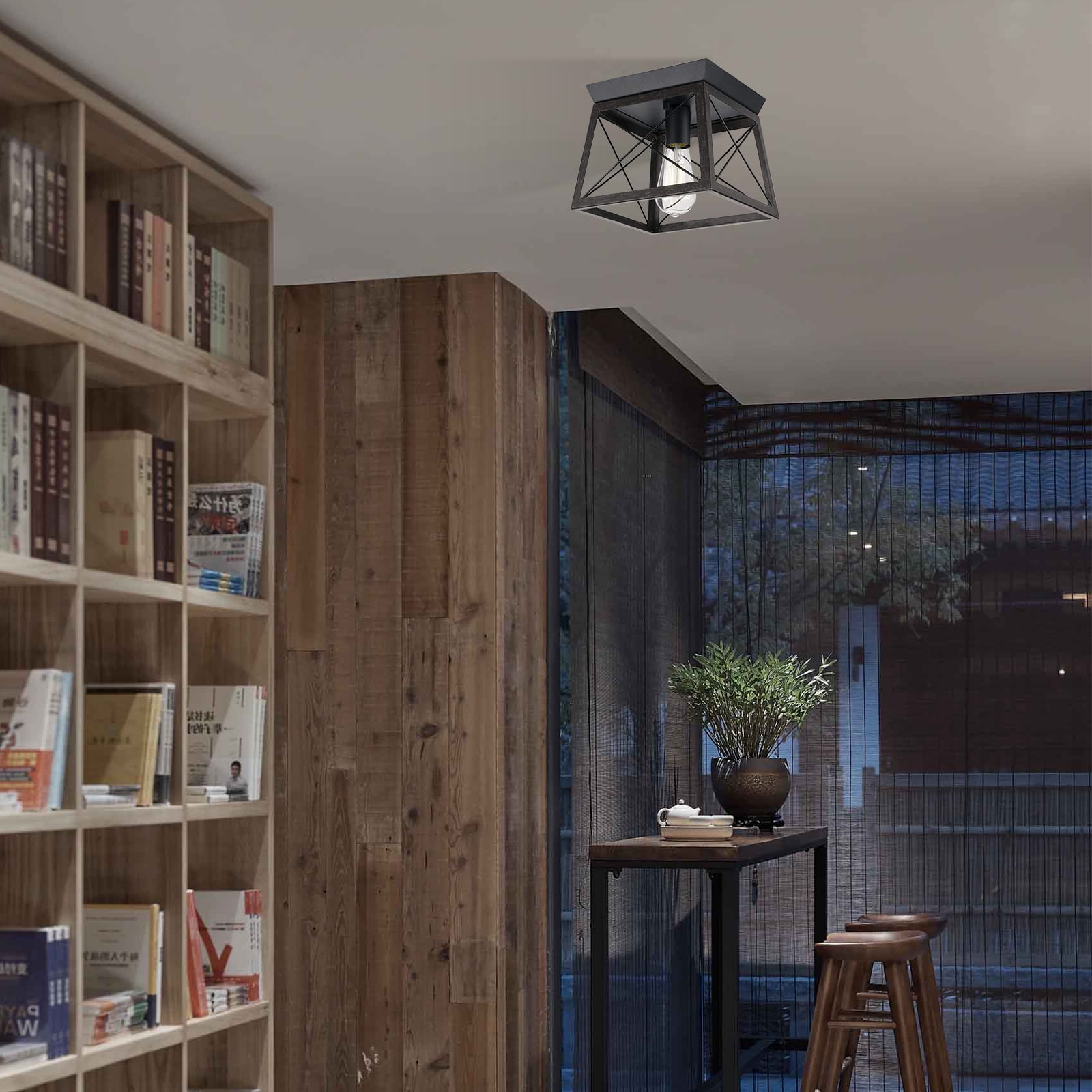 Black Flush Mount Ceiling Light Fixture Farmhouse Ceiling Light Industrial Metal Lamp 9.8*9.8*9.2 inch for Dining Room Living Room Entryway Kitchen Bedroom E26