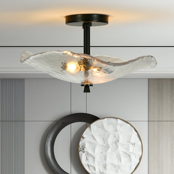 Black Flush Mount Ceiling Light Water Ripple Glass Shade for Hallway Kitchen Bedroom Porch Living Room Indoor Outdoor