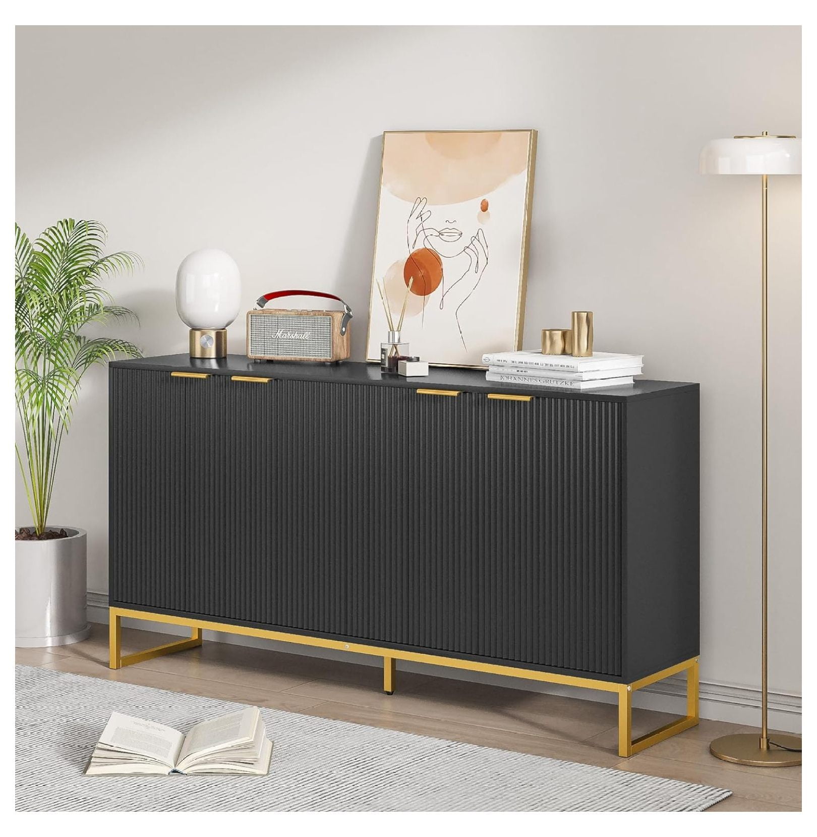 Black Fluted Accent Century Modern Sideboard Buffets Buffet Sideboard with 4