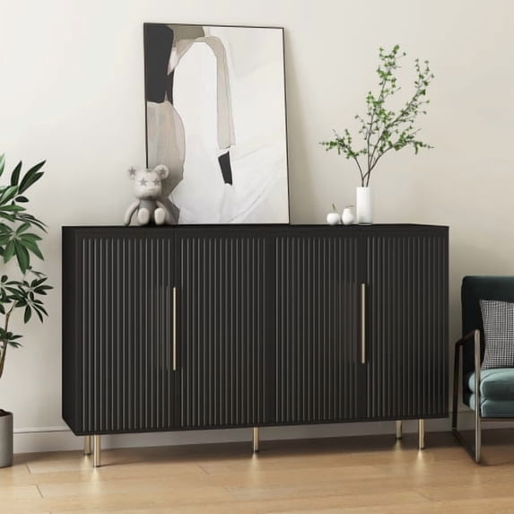 Black Fluted Buffet Cabinet With Storage Modern Sideboard Credenza Accent Console Table With Adjustable Shelves For Living Dining Room Entryway