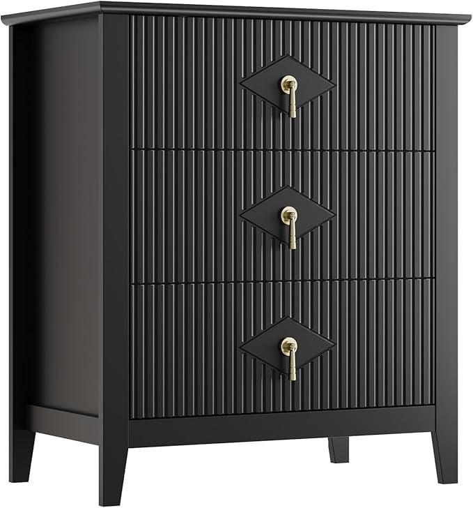 Black Fluted Dresser for Bedroom, 32 Inch Wide Nightstand with Large Drawer, 3 Drawer End Table for Bedroom, Living Rooms, Offices, and Entryways