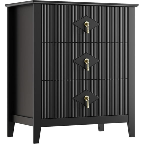 Black Fluted Dresser for Bedroom, 32 Inch Wide Nightstand with Large Drawer, 3 Drawer End Table for Bedroom, Living Rooms, Offices, and Entryways