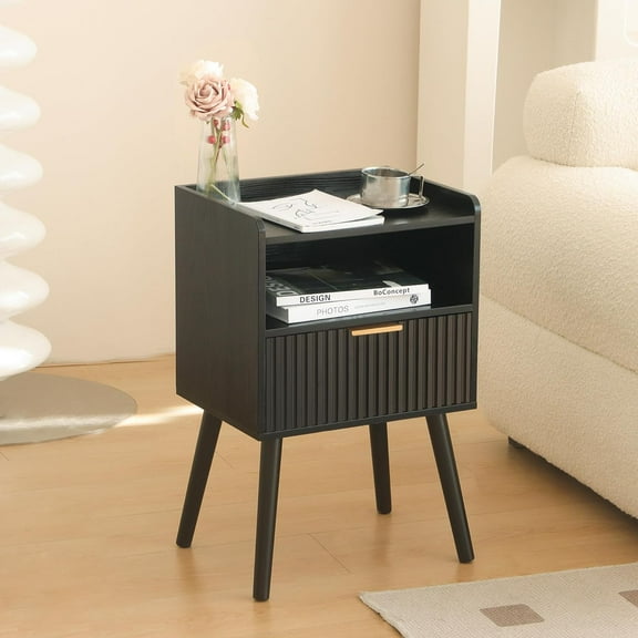 Black Fluted Nightstand, Modern Bedside Table with Storage Drawers, Small Night Stand Bed Side Table with Solid Wood for Living Room, Bedroom, Office and Small Space (Black)