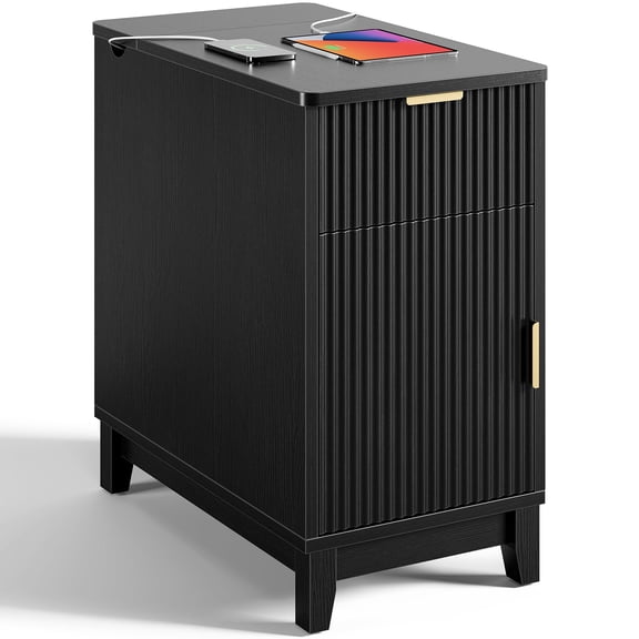 Black Fluted Nightstand with Charging Station, Drawer & Cabinet