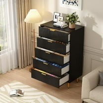 Black Fluted Tall 5 Drawers Dresser for Bedroom,Wood Bedrooms Chest of Drawers Dresser for Closet