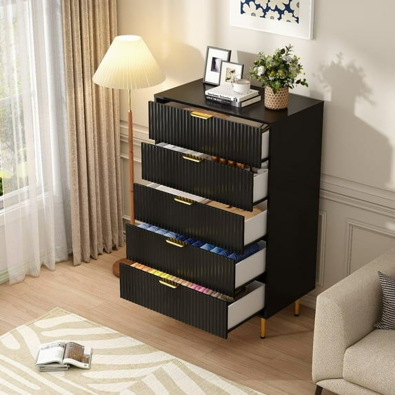 Black Fluted Tall 5 Drawers Dresser for Bedroom,Wood Bedrooms Chest of Drawers Dresser for Closet