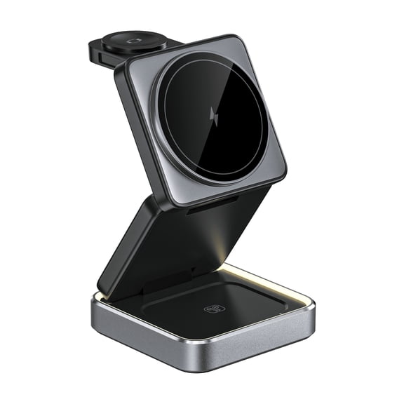 Black Foldable 3-in-1 Magnetic Wireless Charging Stand with Night Light