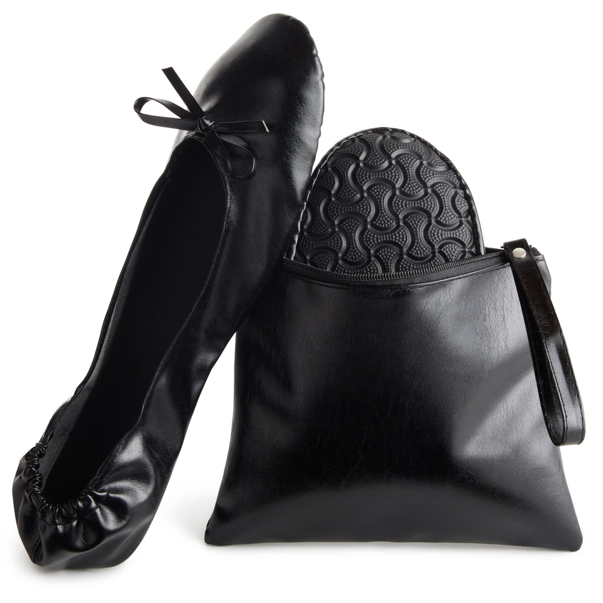 Black Foldable Ballet Flats for Women, Roll Up Flats with Zipper Pouch