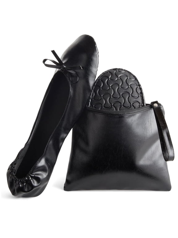 Black Foldable Ballet Flats for Women, Roll Up Flats with Zipper Pouch, US Size 8.5-9.5